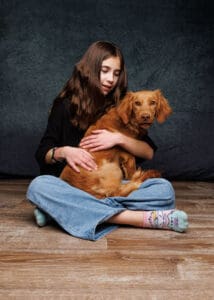 Mini Golden Retriever sitting on a woman's laps