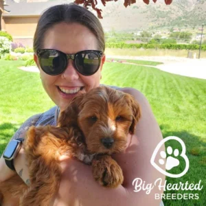 Woman holding her mini Golden puppy in her arms, feeling safe because she knows dog first aid basics